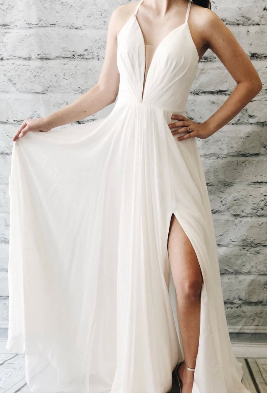 BETSY ADAM Women Formal Dress SZ 0 Simple White Chiffon Long Prom Evening